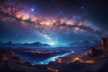 Starry Night Landscape Background, Galactic Scenery Landscape, Milky Way Galaxy Background with Twinkling Stars, AI Generative - obrazy, fototapety, plakaty
