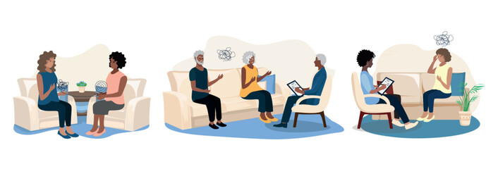 People of different ages and races at a therapeutic session in a psychologist's office. Consulting, training, problem solving and psychological assistance. Vector set illustration in flat style.