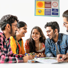 indian college friends group discussing at library