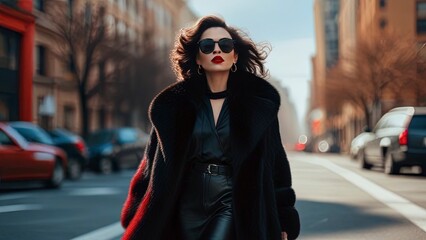 A woman in a sumptuous black fur coat and pristine boots struts confidently down the bustling city sidewalk. Her sleek, shimmering hair cascades down her back, framing a face adorned with striking red - obrazy, fototapety, plakaty