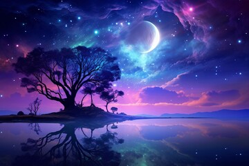 Starry Night Fantasy Landscape, Magical Moon Night, Fantasy Night Sky Lake Wallpaper, Beautiful night sky the Milky Way moon and the trees, Sky Space Water Moon Stars, AI Generative