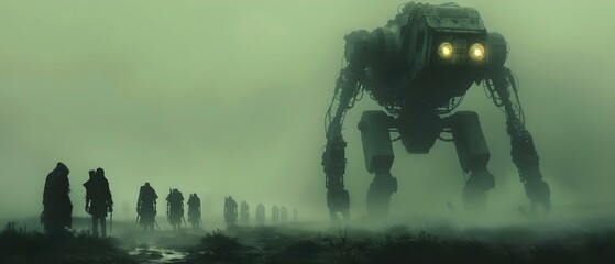 Mystic March of Goblins and Robots in Fog. Concept Fantasy Creatures, Robotics, Marching, Mystical, Foggy Environment - obrazy, fototapety, plakaty