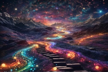 A winding path illuminated by a million stars, Glowing Path Scenery Wallpaper, sparkling forest pathway at night, Fairy Tale Wallpaper, Fantasy Landscape, AI Generative