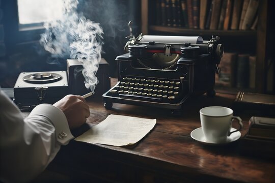 Vintage 1950s mans perspective smoking in office using typewriter, bookshelf with tea