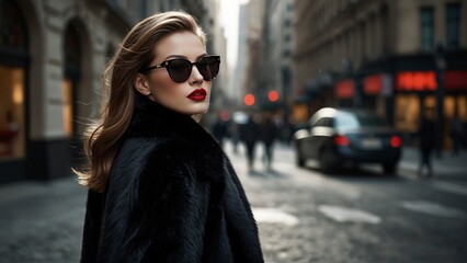 A woman in a sumptuous black fur coat and pristine boots struts confidently down the bustling city sidewalk. Her sleek, shimmering hair cascades down her back, framing a face adorned with striking red - obrazy, fototapety, plakaty