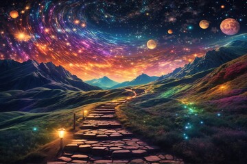 A winding path illuminated by a million stars, Glowing Path Scenery Wallpaper, sparkling forest pathway at night, Fairy Tale Wallpaper, Fantasy Landscape, AI Generative - obrazy, fototapety, plakaty