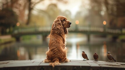A cocker spaniel sits on a stone wall overlooking a river. A trio of sparrows are nearby. - obrazy, fototapety, plakaty