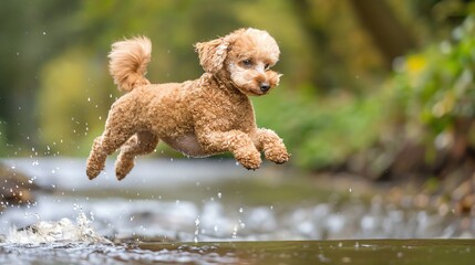 A dog jumps over a stream. - Powered by Adobe