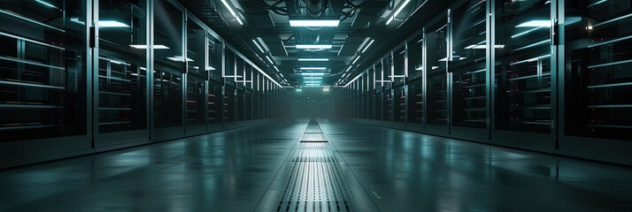 Modernes Datentechnik Zentrum mit Server Racks und visuellen Effekten - obrazy, fototapety, plakaty