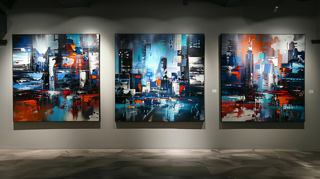 Modern art gallery interior with pictures of the city. 