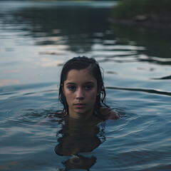 portrait of young woman swimming in a lake