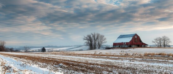 Tranquil Winter Landscape: Snow-Covered Fields of a Dormant Agricultural Farm Offer a Quiet Contrast to the Bustling Growing Season