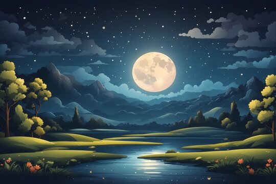 Moon Night Landscape Illustration, Moonlight landscape, Moonlight Wallpaper, Moonlight Scenery Background, lake with a full moon and trees at night, AI Generative