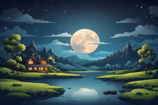 Moon Night Landscape Illustration, Moonlight landscape, Moonlight Wallpaper, Moonlight Scenery Background, lake with a full moon and trees at night, AI Generative