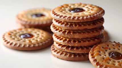  A stack of cookies on a white table Nearby, a pile of jelly-filled cookies aligned vertically - obrazy, fototapety, plakaty