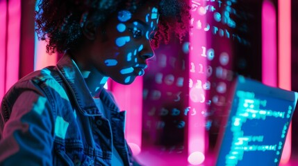 Woman Coding Under Neon Lights