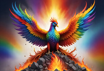 the phoenix is a colorful bird with flames coming out of its wings