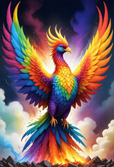 Obraz premium phoenix rising, a colorful firebird with rainbow wings