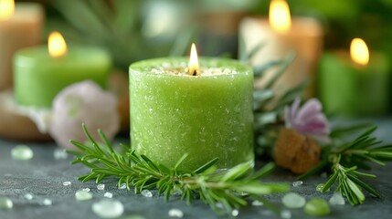 Obraz na płótnie Canvas green candles with rosemary sprigs on the table. 