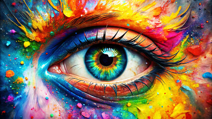 A close-up of the human eye is vividly decorated with a wealth of bright, splashing colours surrounding the area. Make-up and colourful ornaments create a vibrant and creative effect.AI generated.