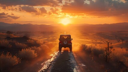 Sunset Quest: Open Road Serenity. Concept Nature Hike, Mountain Views, Exploration, Adventure Gear, Trailblazing - obrazy, fototapety, plakaty
