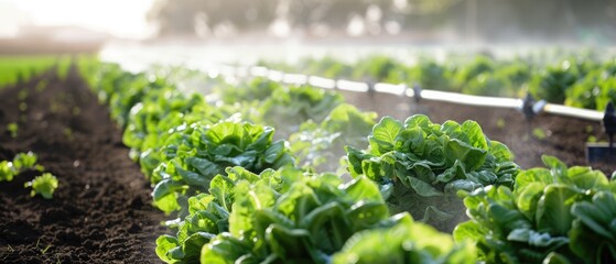 Hyper-realistic Agricultural Farm Landscape with Sprawling Fields of Lettuce Being Watered by Irrigation System for Optimal Growth