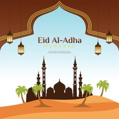 Eid Al Adha Mubarak Islamic festival Background Design Template with desert theme