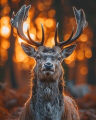 Enchanted stag, antlers aglow, twilight, forest monarchs mystical light, encompassing radiance, dim forest, nature s crown 