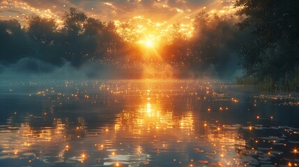 Obraz premium Glimmering fen, will o the wisps, marsh lights dance, gentle glimmer, morning mist, elusive glow