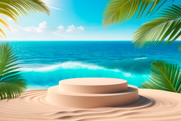 Fototapeta premium 3D podium on the beach for advertising products, cosmetics, things,