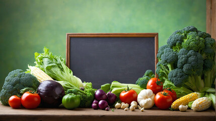 Fresh organic vegetables with blank chalkboard sign, copy space for advertising. Organic vegan food, healthy diet