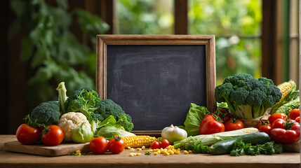 Fresh organic vegetables with blank chalkboard sign, copy space for advertising. Organic vegan food,  healthy diet