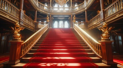 Regal Red Carpet Staircase with Ornate Golden railing, luxury Interior design