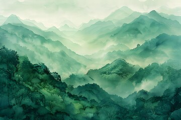 Misty Green Watercolor Mountainscape - obrazy, fototapety, plakaty