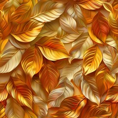 Seamless pattern of autumn leaves in 3D style, highlighted by the warm, golden hues of the hour. Seamless Pattern, Fabric Pattern, Tumbler Wrap, Mug Wrap.