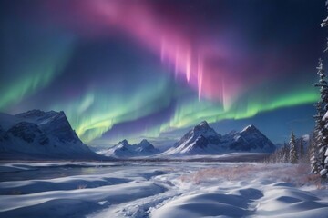 Snow covered Mountain and Aurora Sky Landscape, Southern Lights Landscape, Aurora Landscape, Shimmering Aurora Borealis, Northern lights Aurora Borealis, AI Generative