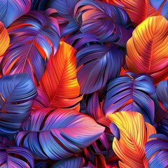 Vibrant sunset hues casting light on a seamless pattern of 3D rendered, tropical leaves.Seamless Pattern, Fabric Pattern, Tumbler Wrap, Mug Wrap.