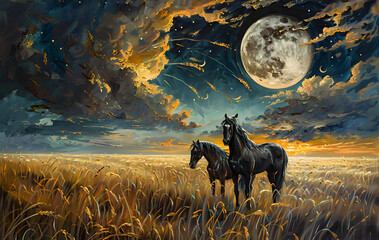 Majestic Moonlit Horses on a Golden Field Under a Starry Night Sky