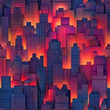 A 3D style seamless pattern of city skylines under the rich colors of a fading sunset. Seamless Pattern, Fabric Pattern, Tumbler Wrap, Mug Wrap.