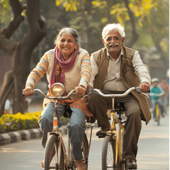 senior indian couple on bicycle