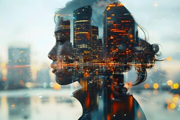 Double Exposure of Woman and Cityscape Highlighting Connectivity
