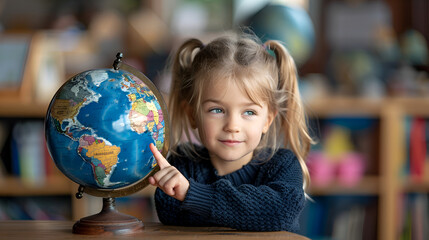 Early education. Little girl pointing to world globe