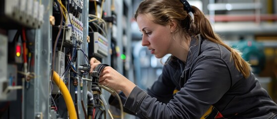 Female Electrical Engineer Setting Up Wiring in New Building with Focus and Precision