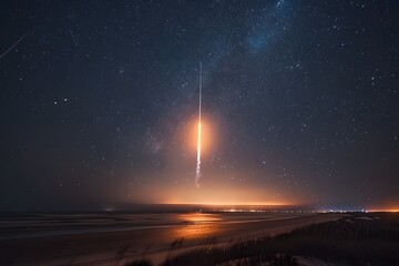 Space Rocket Launch at Night Illuminating the Landscape Under the Milky Way