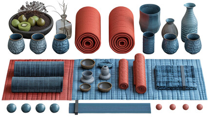 Set of isolated tools for the ritual of Japanese tea ceremony, relaxation, and meditation, consisting of ceramic cups, plates, vases, yoga mats and other home decoration items in PNG format