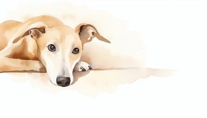 A watercolor painting of a greyhound looking up at the viewer with a soft, gentle expression.