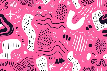 Abstract Hand-Drawn Doodle Patterns on Hot Pink Background - obrazy, fototapety, plakaty