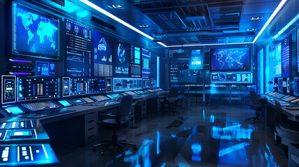 Modern Data Center Interior. High-Tech Server Room with Monitoring Screens. Modern Factory Interior with Control Room