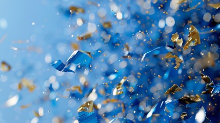 Golden confetti on blue background. Flying sparkles. Festival and birthday party concept