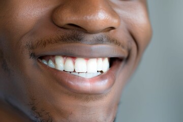 Head and shoulders portrait of smiling African-American man looking at camera while enjoying work in white office interior, copy space. Beautiful simple AI generated image in 4K, unique. - obrazy, fototapety, plakaty